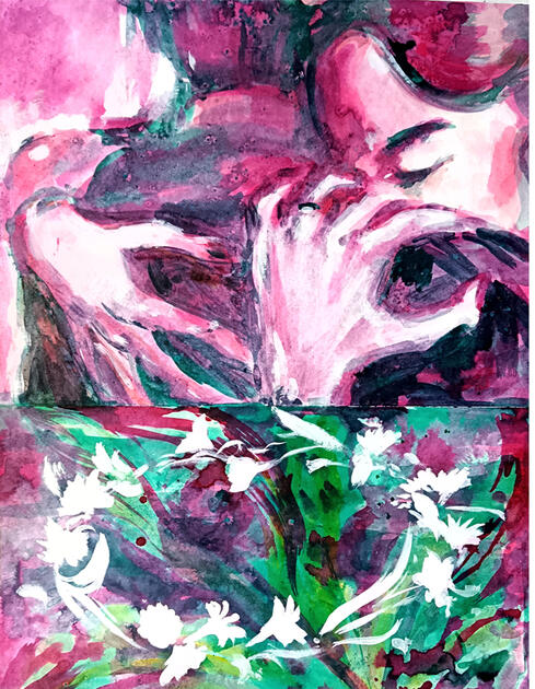 This collage, created using a mixed technique of colored ink and acrylic paint, depicts a firm embrace as a symbol of unity and emotional connection. Measuring 50 x 70 cm, the work offers a dynamic composition and expressive physicality.
