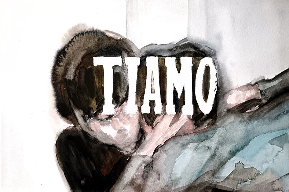 A3 watercolor titled TI AMO, exploring themes of love, connection, and emotional intimacy through soft tones.