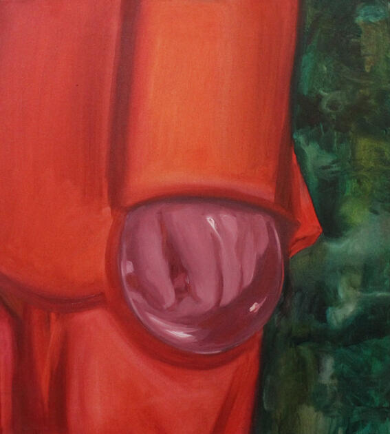 Oil on canvas, 50 x 45 cm, titled Nausea in the Hands, explores bodily tension and emotional discomfort through suggestive forms and a dark color palette.