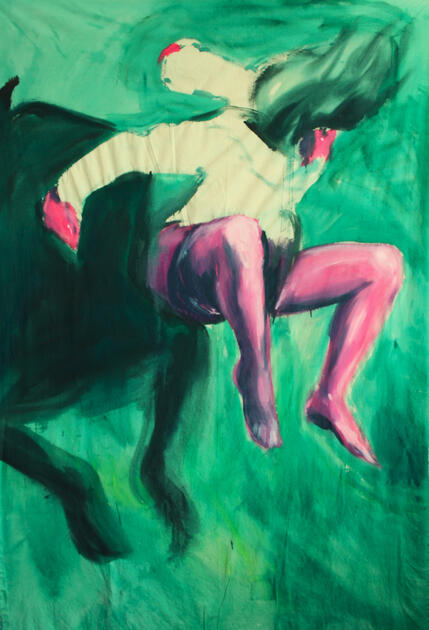 This large-scale acrylic painting (240 x 160 cm) features a female figure captured mid-jump. The composition emphasizes movement through the use of complementary colors—pink and green—highlighting the energy of both body and space. Suitable for spacious in