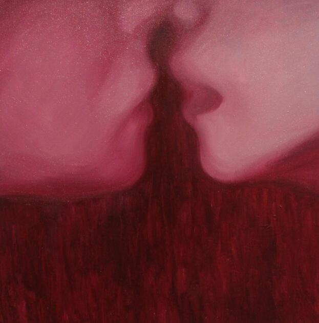 Oil on canvas, 40 x 40 cm, rendered in shades of red, capturing the intensity of passion moments before a kiss.