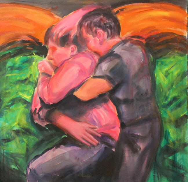 Acrylic on canvas, 150 x 150 cm, depicting an embrace inspired by a single film frame. The work explores emotional intensity and moments of closeness through painterly expression.