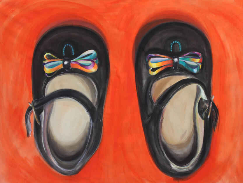 Acrylic on canvas, 130 x 100 cm, depicting children’s shoes as a symbol of childhood, transience, and tender memories.