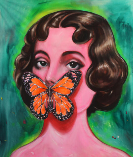 A painting from the Suspensions series portrays a girl with a butterfly on her lips, serving as a symbol of censorship and silence. Executed in acrylic on canvas, measuring 150 x 170 cm, the composition explores themes of identity, control, and expression.