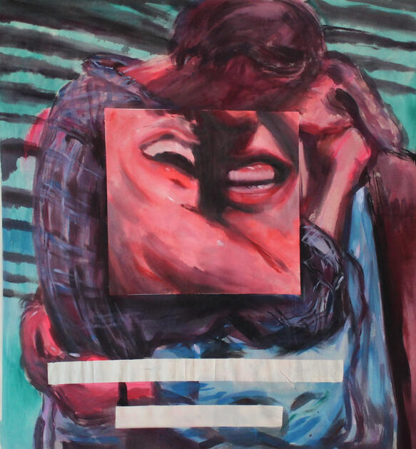 Acrylic on canvas, large format (160 x 160 cm), presenting a collage of scenes featuring kisses and smiles between lovers. The work explores fragments of intimacy and emotion through vibrant color and gestural expression.