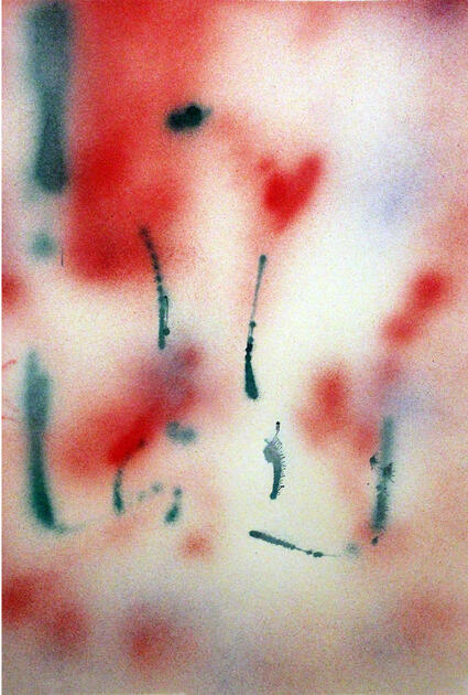 An abstract composition created with airbrush and acrylic inks on paper, exploring fluidity of forms and dynamic color through layers and textures.