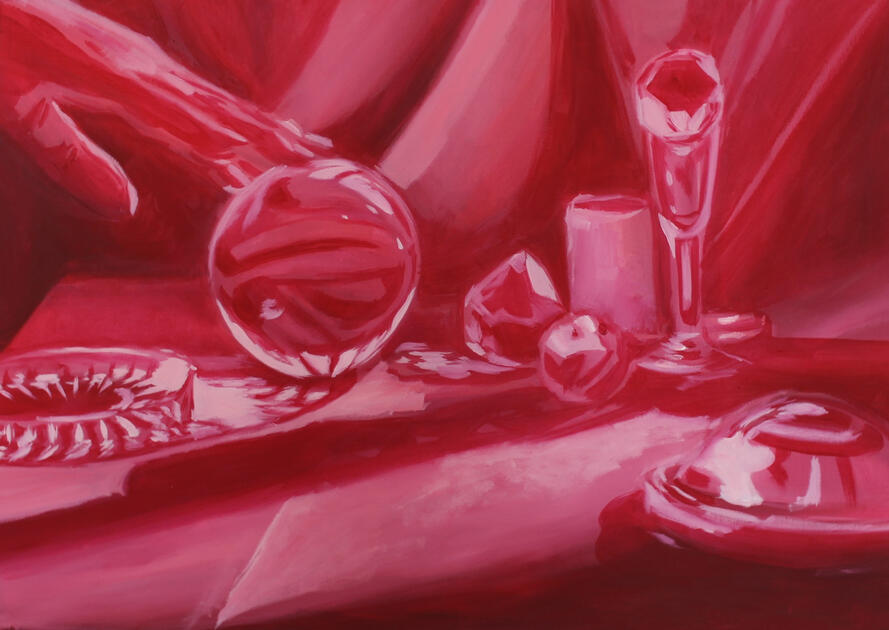 Oil on canvas, 50 x 70 cm, in shades of red, depicting a still life of glass objects, emphasizing the interplay of light and reflections.