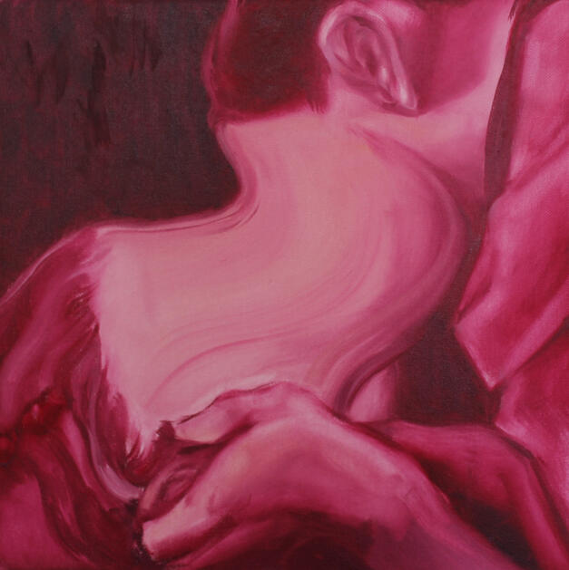 Oil on canvas, 40 x 40 cm, depicting a kiss between two figures melting into each other, symbolizing unity and emotional intimacy.