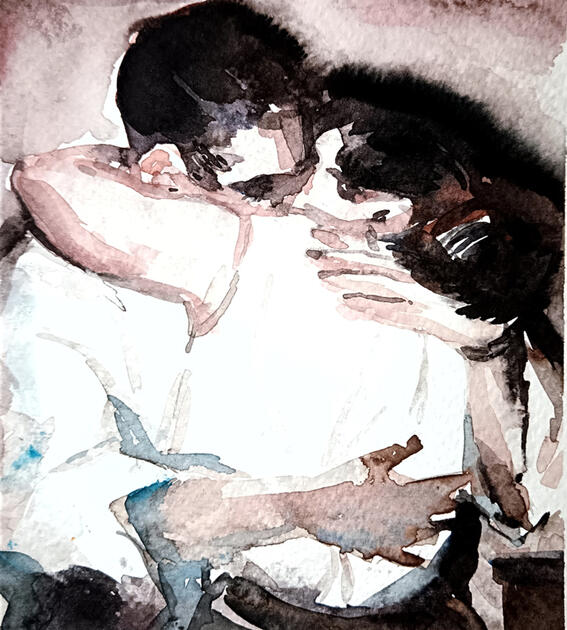 UntitledA small-format watercolor (10 x 10 cm) depicting an intimate embrace — a quiet scene for two from the series Exercises in Tenderness. The piece is available framed and ready for display.